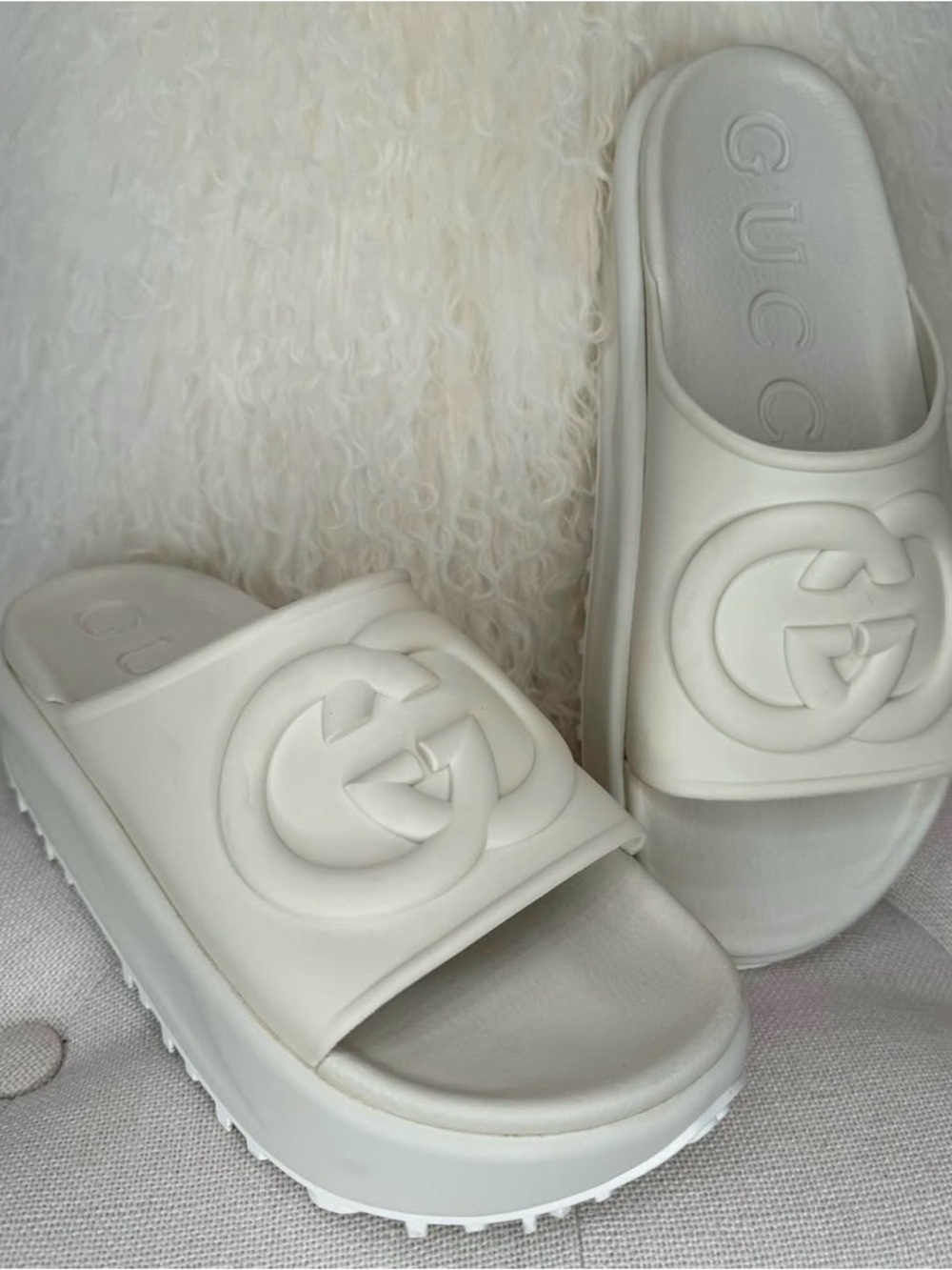 Gucci Cream Platform Slide Sandals with Double-G Logo